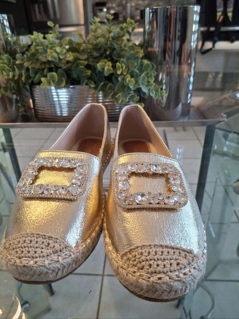 Metallic Silver Jeweled Espadrille Flats - Women